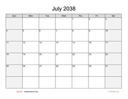 July 2038 Calendar with Weekend Shaded