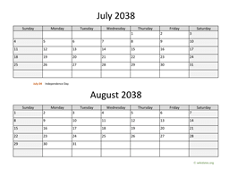 july and august 2038 calendar