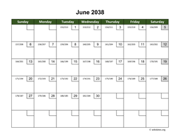June 2038 Calendar with Day Numbers