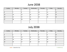 june and july 2038 calendar