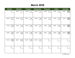 March 2038 Calendar with Day Numbers