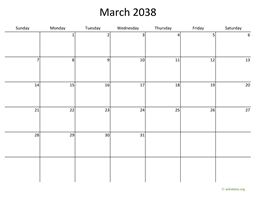 March 2038 Calendar with Bigger boxes