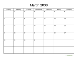 Basic Calendar for March 2038