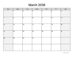 March 2038 Calendar with Weekend Shaded