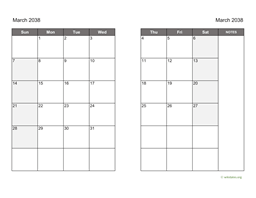 March 2038 Calendar on two pages