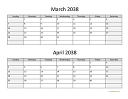 March and April 2038 Calendar