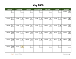 May 2038 Calendar with Day Numbers