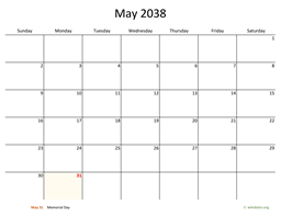 May 2038 Calendar with Bigger boxes