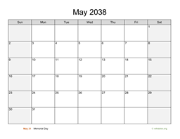May 2038 Calendar with Weekend Shaded