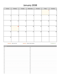 Monthly 2038 Calendar with To-Do List