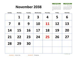 November 2038 Calendar with Extra-large Dates
