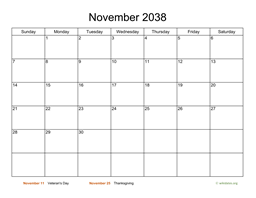Basic Calendar for November 2038