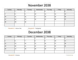 november and december 2038 calendar