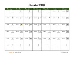 October 2038 Calendar with Day Numbers
