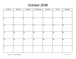 Basic Calendar for October 2038