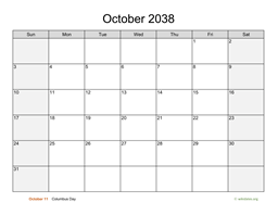 October 2038 Calendar with Weekend Shaded
