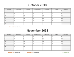 october and november 2038 calendar