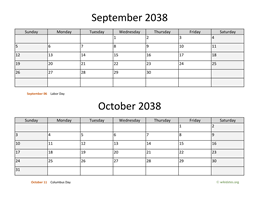 september and october 2038 calendar