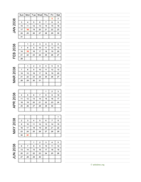 six months 2038 calendar vertical with notes