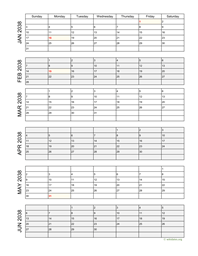 six months 2038 calendar vertical