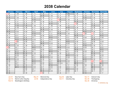 2038 Calendar Horizontal, One Page