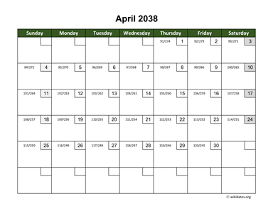 April 2038 Calendar with Day Numbers