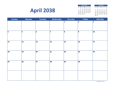 April 2038 Calendar Classic