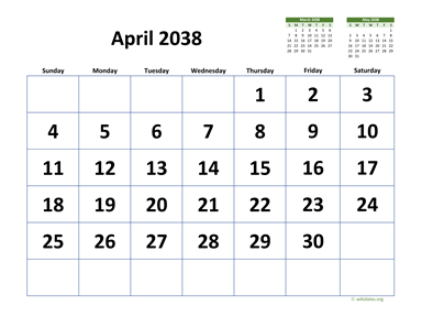 April 2038 Calendar with Extra-large Dates
