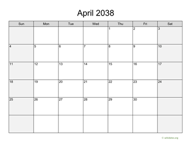April 2038 Calendar with Weekend Shaded