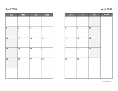April 2038 Calendar on two pages