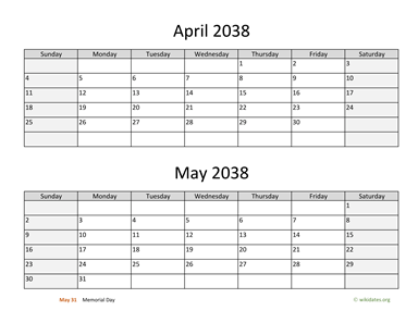 April and May 2038 Calendar Horizontal