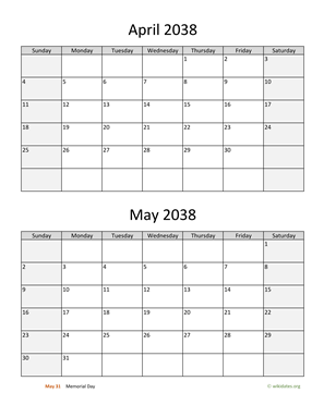 April and May 2038 Calendar Vertical