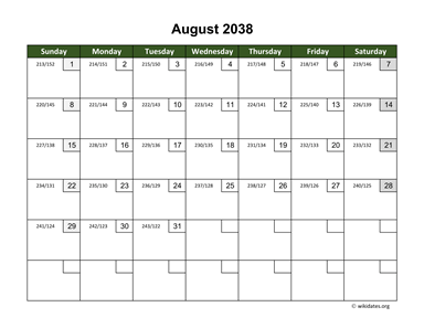 August 2038 Calendar with Day Numbers