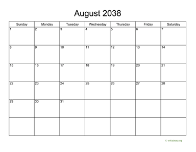 Basic Calendar for August 2038