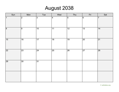 August 2038 Calendar with Weekend Shaded