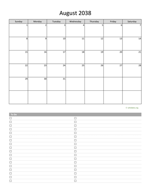 August 2038 Calendar with To-Do List