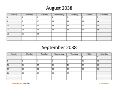 August and September 2038 Calendar Horizontal