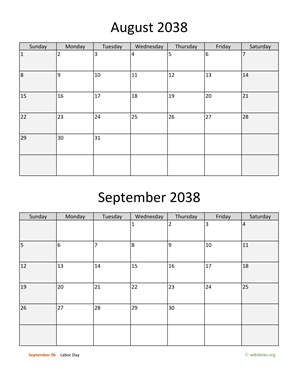 August and September 2038 Calendar Vertical