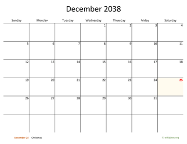 December 2038 Calendar with Bigger boxes