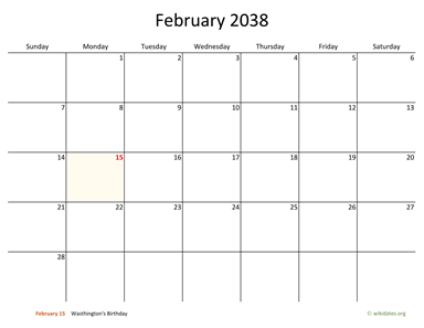 February 2038 Calendar with Bigger boxes