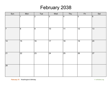 February 2038 Calendar with Weekend Shaded