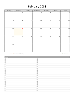 February 2038 Calendar with To-Do List