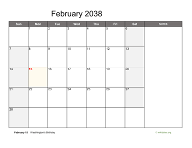 February 2038 Calendar with Notes