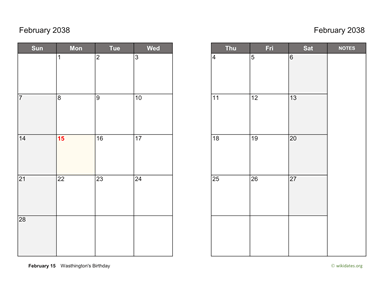 February 2038 Calendar on two pages