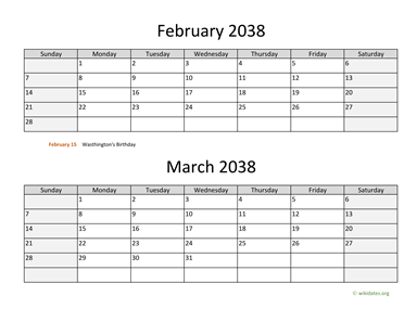 February and March 2038 Calendar Horizontal