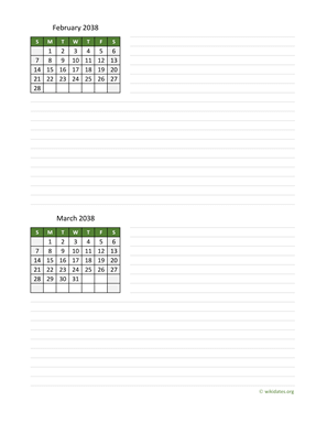 February and March 2038 Calendar with Notes