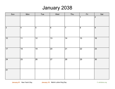 January 2038 Calendar with Weekend Shaded