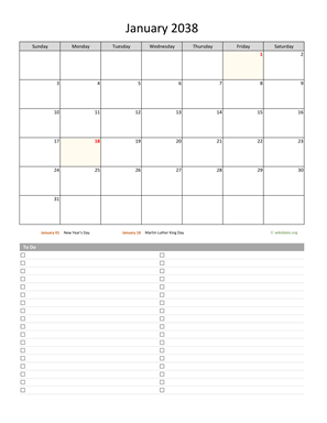 January 2038 Calendar with To-Do List