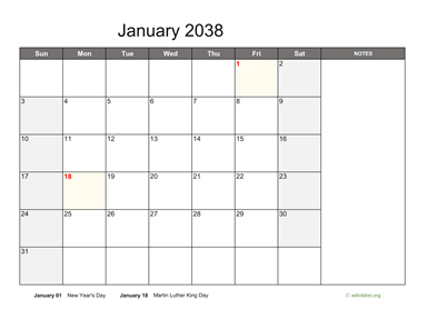 January 2038 Calendar with Notes