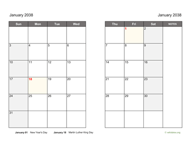 January 2038 Calendar on two pages